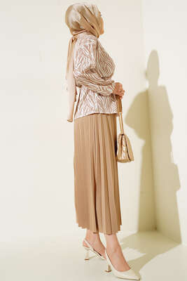 Bel Lastikli Zebra Desenli Etekli Takım Latte - İKİLİ TAKIM