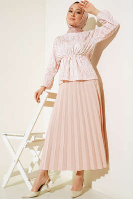 Bel Lastikli Zebra Desenli Etekli Takım Pudra 