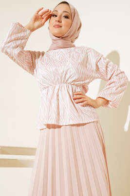 Bel Lastikli Zebra Desenli Etekli Takım Pudra - İKİLİ TAKIM