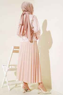 Bel Lastikli Zebra Desenli Etekli Takım Pudra - İKİLİ TAKIM