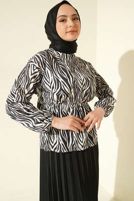 Bel Lastikli Zebra Desenli Etekli Takım Siyah - İKİLİ TAKIM