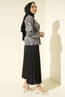 Bel Lastikli Zebra Desenli Etekli Takım Siyah - İKİLİ TAKIM