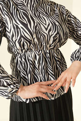 Bel Lastikli Zebra Desenli Etekli Takım Siyah - İKİLİ TAKIM