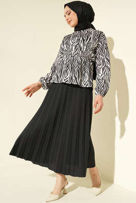 Bel Lastikli Zebra Desenli Etekli Takım Siyah 