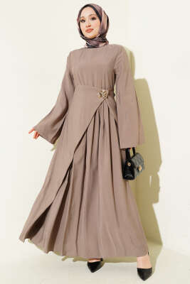 Bel Parça Detaylı Tensel Elbise Bej - ARANLI TEKSTİL