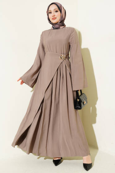 Bel Parça Detaylı Tensel Elbise Bej - Elbise