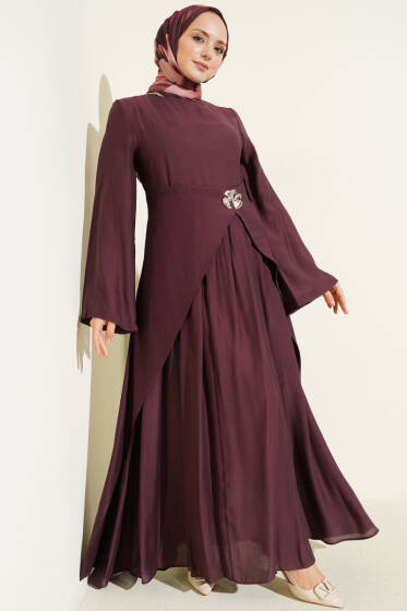 Bel Parça Detaylı Tensel Elbise Bordo - Elbise