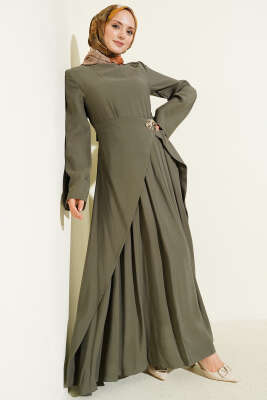 Bel Parça Detaylı Tensel Elbise Haki - ARANLI TEKSTİL