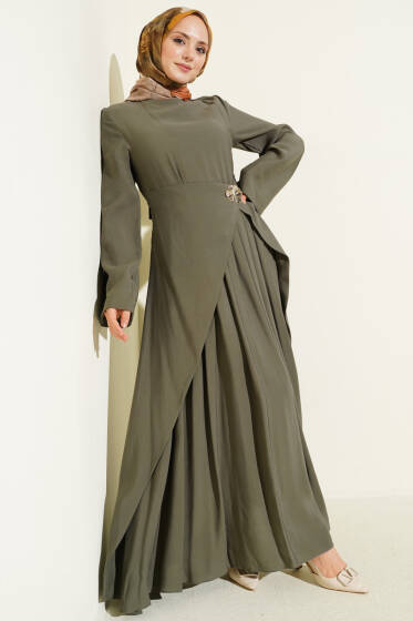 Bel Parça Detaylı Tensel Elbise Haki - Elbise