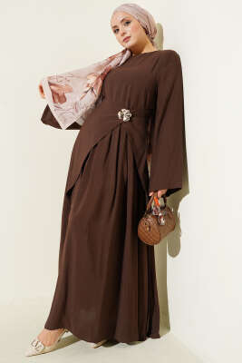 Bel Parça Detaylı Tensel Elbise Kahve - ARANLI TEKSTİL