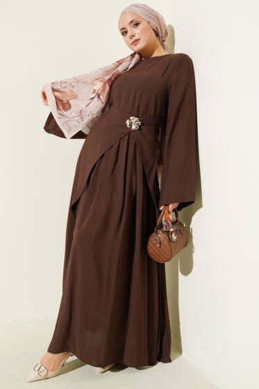 Bel Parça Detaylı Tensel Elbise Kahve - Elbise