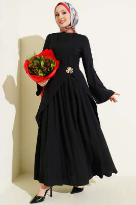 Bel Parça Detaylı Tensel Elbise Siyah - ARANLI TEKSTİL