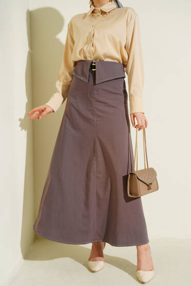 Bel Parçalı Kemerli Etek Kahve - Etek