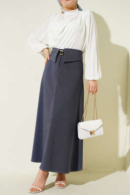 Bel Parçalı Kemerli Etek Mavi - ASME