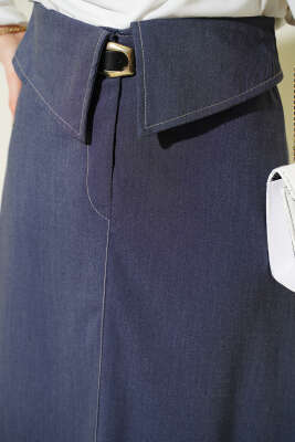 Bel Parçalı Kemerli Etek Mavi - Etek