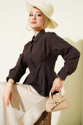 Bel Pens Detaylı Kısa Gömlek Acı Kahve - Gömlek