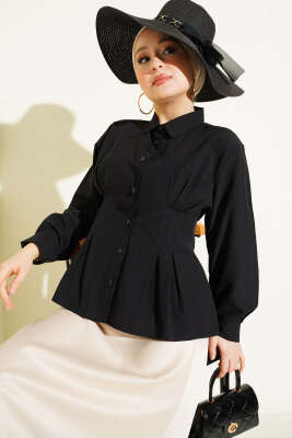 Bel Pens Detaylı Kısa Gömlek Siyah - DUFON