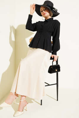 Bel Pens Detaylı Kısa Gömlek Siyah - Gömlek