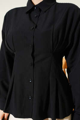 Bel Pens Detaylı Kısa Gömlek Siyah - Gömlek