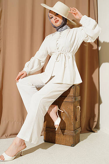 Bel Pensli Brit Düğmeli Keten Takım Bej - İkili Takım