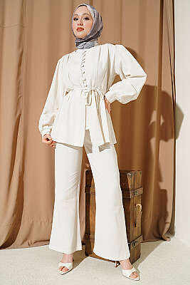 Bel Pensli Brit Düğmeli Keten Takım Bej - İkili Takım