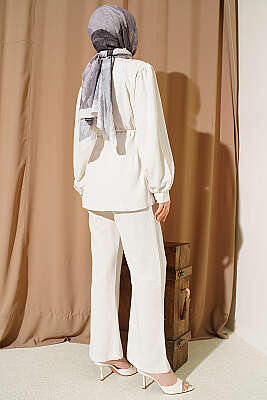 Bel Pensli Brit Düğmeli Keten Takım Bej - İkili Takım