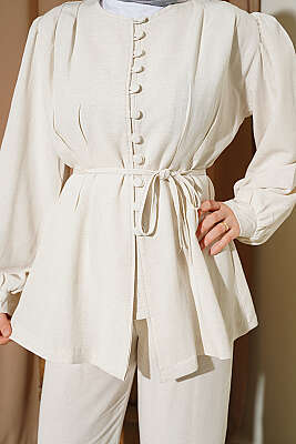 Bel Pensli Brit Düğmeli Keten Takım Bej - İkili Takım