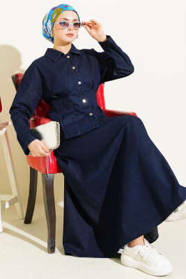 Bel Pensli Çıtçıt Düğmeli Etekli Kot Takım Lacivert - CNR TEKSTİL