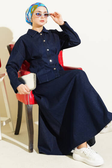 Bel Pensli Çıtçıt Düğmeli Etekli Kot Takım Lacivert - İkili Takım