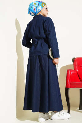 Bel Pensli Çıtçıt Düğmeli Etekli Kot Takım Lacivert - İkili Takım