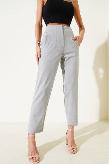 Bel Pensli Dar Paça Pantolon Gri - Kadın Giyim Modelleri