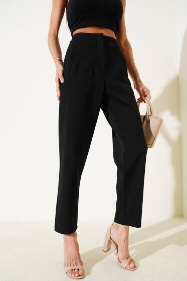 Bel Pensli Dar Paça Pantolon Siyah - Kadın Giyim Modelleri