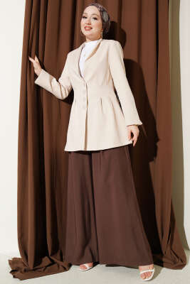 Bel Pensli Düğmeli Blazer Ceket Bej - Ceket