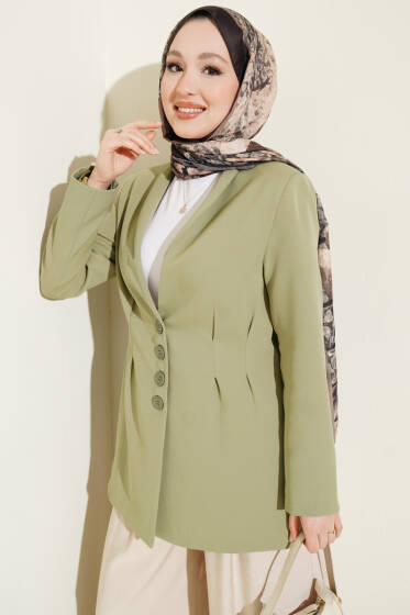 Bel Pensli Düğmeli Blazer Ceket Çağla Yeşili - Ceket