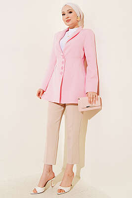 Bel Pensli Düğmeli Blazer Ceket Pembe - Ceket