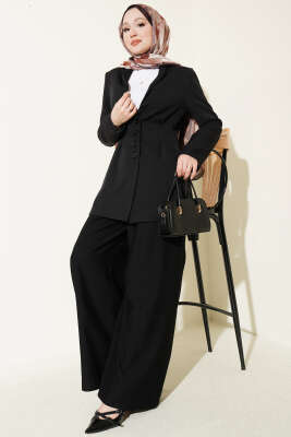 Bel Pensli Düğmeli Blazer Ceket Siyah - Ceket