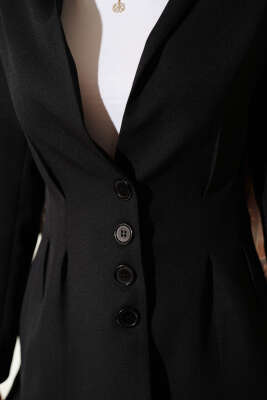 Bel Pensli Düğmeli Blazer Ceket Siyah - Ceket