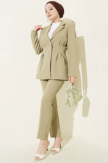 Bel Pensli Düğmeli Ceketli İkili Takım Çağla Yeşili - İkili Takım