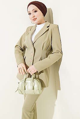 Bel Pensli Düğmeli Ceketli İkili Takım Çağla Yeşili - İkili Takım