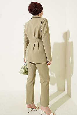 Bel Pensli Düğmeli Ceketli İkili Takım Çağla Yeşili - İkili Takım