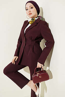 Bel Pensli Düğmeli Ceketli İkili Takım Mürdüm - GÜRZA TEKSTİL