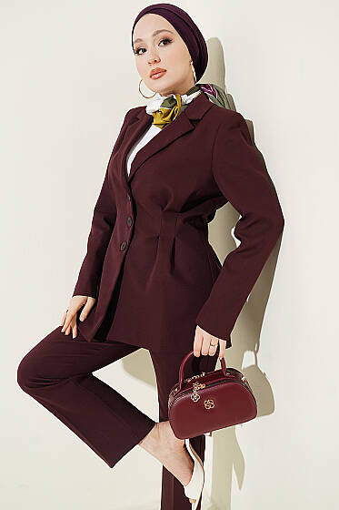 Bel Pensli Düğmeli Ceketli İkili Takım Mürdüm - İkili Takım