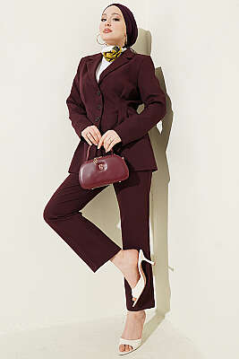 Bel Pensli Düğmeli Ceketli İkili Takım Mürdüm - İkili Takım