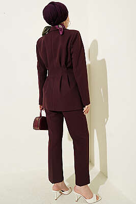 Bel Pensli Düğmeli Ceketli İkili Takım Mürdüm - İkili Takım