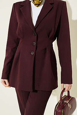 Bel Pensli Düğmeli Ceketli İkili Takım Mürdüm - İkili Takım