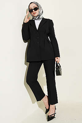 Bel Pensli Düğmeli Ceketli İkili Takım Siyah - GÜRZA TEKSTİL