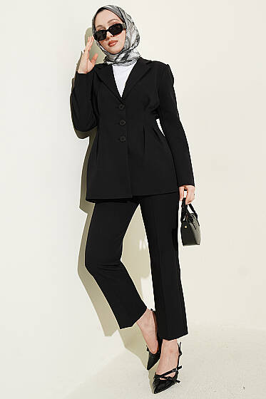 Bel Pensli Düğmeli Ceketli İkili Takım Siyah - İkili Takım