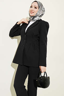 Bel Pensli Düğmeli Ceketli İkili Takım Siyah - İkili Takım