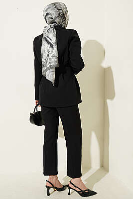 Bel Pensli Düğmeli Ceketli İkili Takım Siyah - İkili Takım