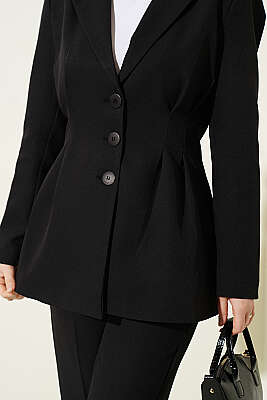 Bel Pensli Düğmeli Ceketli İkili Takım Siyah - İkili Takım